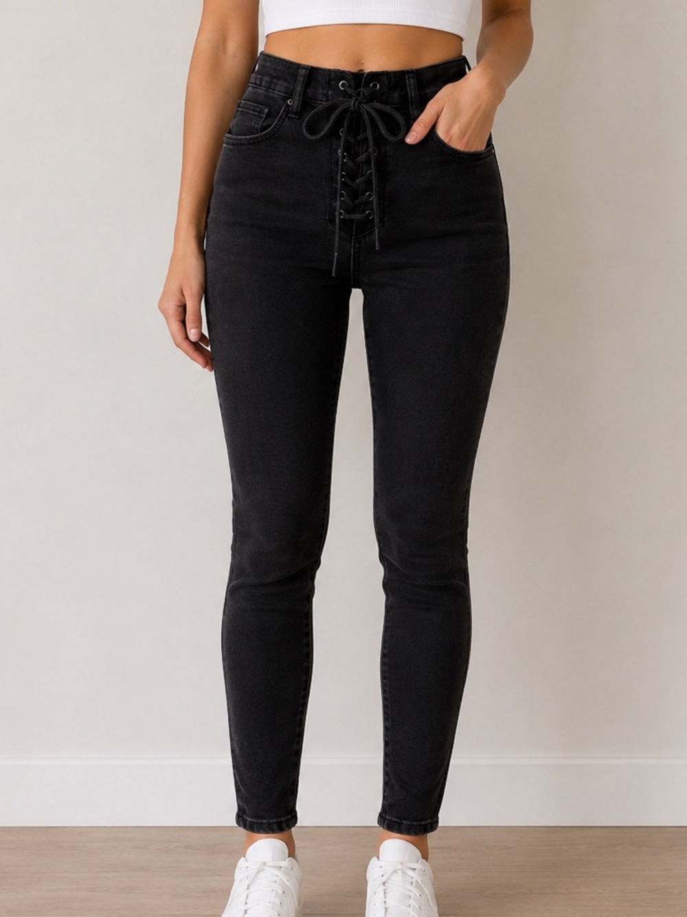 Garage Lace Up Front High Rise Skinny Jeans Black Denim Size 1 Y2K